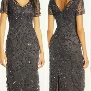 Pisarro Nights Beaded Mesh Column Gown SZ 14 NWOT